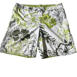 Breakwater Mens Size Large Hawaiian Swim Trunks Green‎ White Floral Beach Board